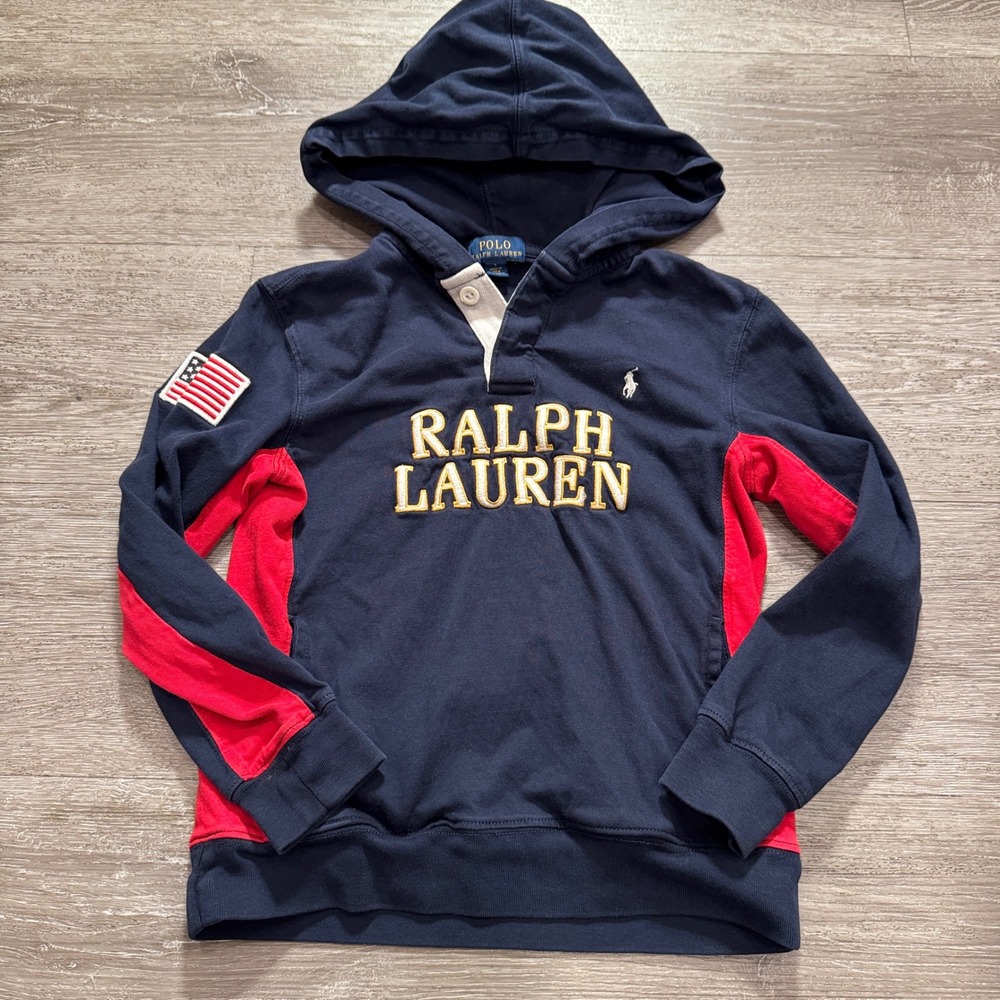 Polo Ralph Lauren Hoodie Boys 7 Navy Blue Red Cotton Preppy American Flag Patch